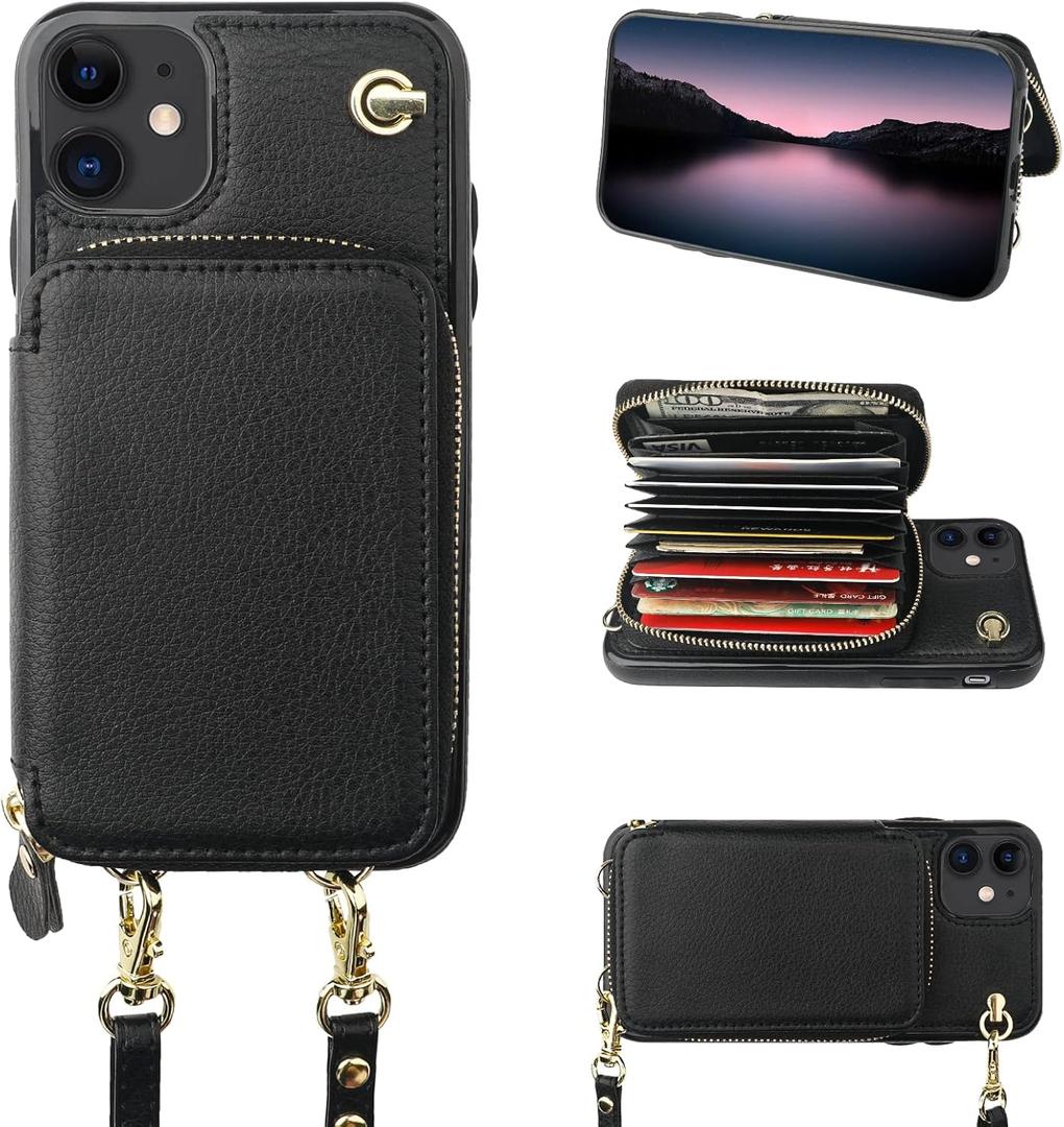 Bocasal Crossbody Wallet Case for iPhone 11, RFID Blocking Leather Purse Case with Card Holder, Protective Handbag Flip Cover with Zipper Wrist Strap Lanyard for Women 6.1 Inch (Black)
