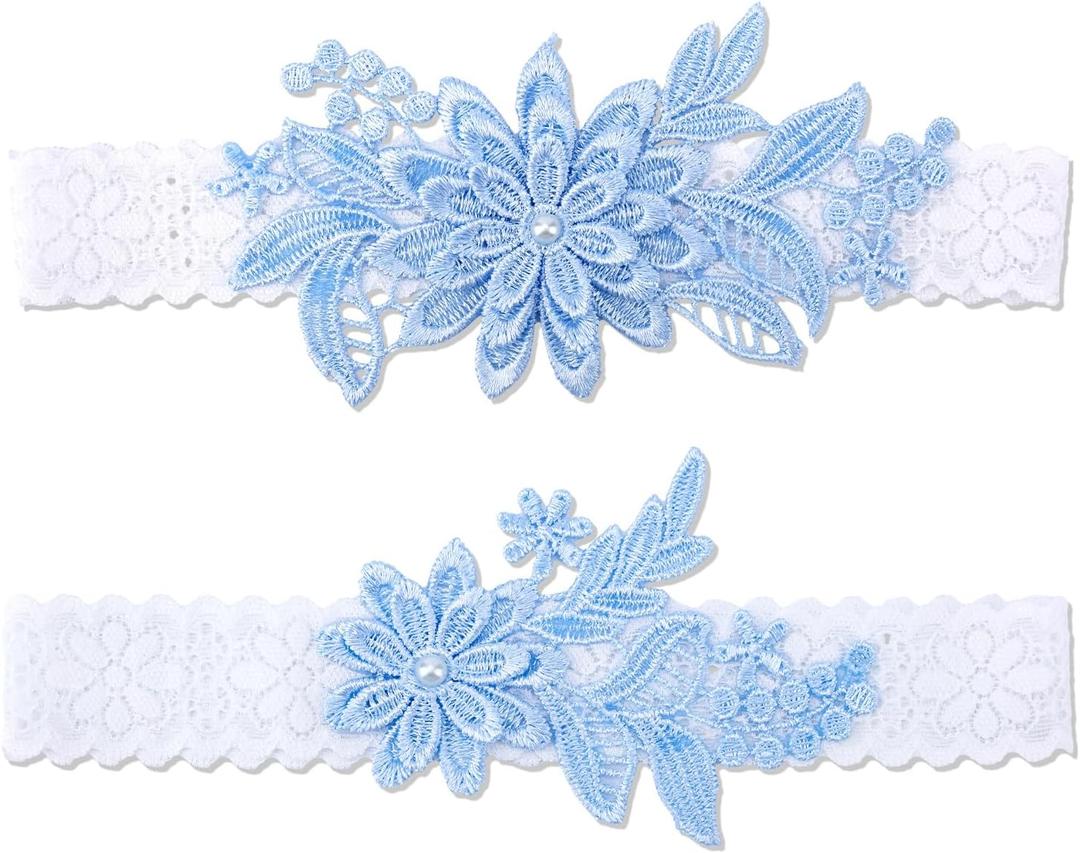 3 x 2pcs Garters for Bride, Lace Bridal Garter Floral Lace Leg Belt Elegant Wedding Accessories for Women Girls Gift (Sky Blue)
