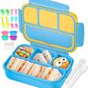 QQKO Bento Lunch Box for Kids Girls Boys, Toddler Kids Lunch Boxes for School, Lunch Containers for Adults with 4 Compartments, Sauce Container, Utensils, Food Picks and Muffin Cups, Blue