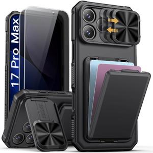 SSLOTSCASE for iPhone 17 Pro Max Case with 2X Privacy Screen Protector, Card Holder & Sliding Lens Cover & Kickstand, Military-Grade Heavy Duty Phone Case Cover for iPhone 17 Pro Max 6.9'', Black
