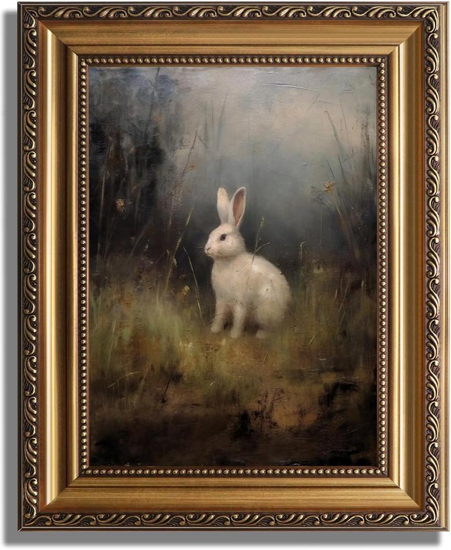 KBKBART Vintage Framed Wall Art for Living Room, Dark Academia Decor Wild Hare Rabbit Vintage Oil Painting, Retro Animal Bunny Canvas Art Prints Wall Decor for Dark Aesthetic, Gold Framed Artwork, 9"x12"