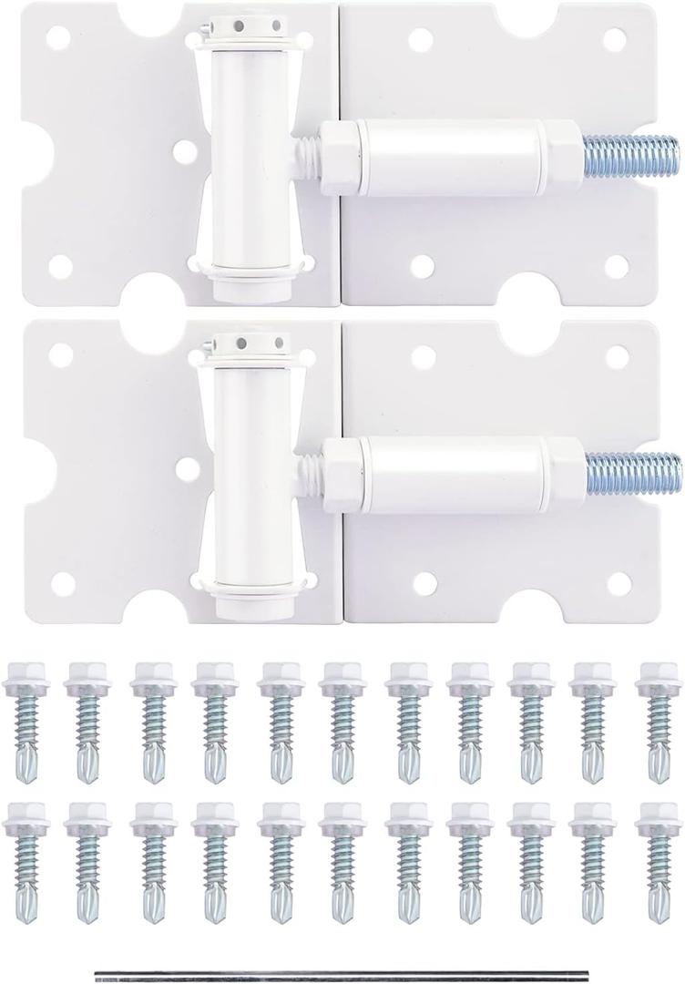 Self-Closing Gate Hinges, Heavy Duty for Vinyl/Wood/Metal Fence, Pack of 2, with Self-Tapping Screws and Adjuster Tool (White)