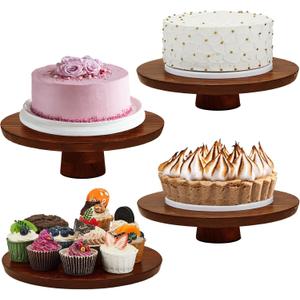 Jinei 4 Sets Wood Cake Stand Rustic 12 Inch Rotating Cake Stand Food Round Risers Turntable for Party Cake Base Wood for Display Parties Weddings Restaurants Decorating Supplies