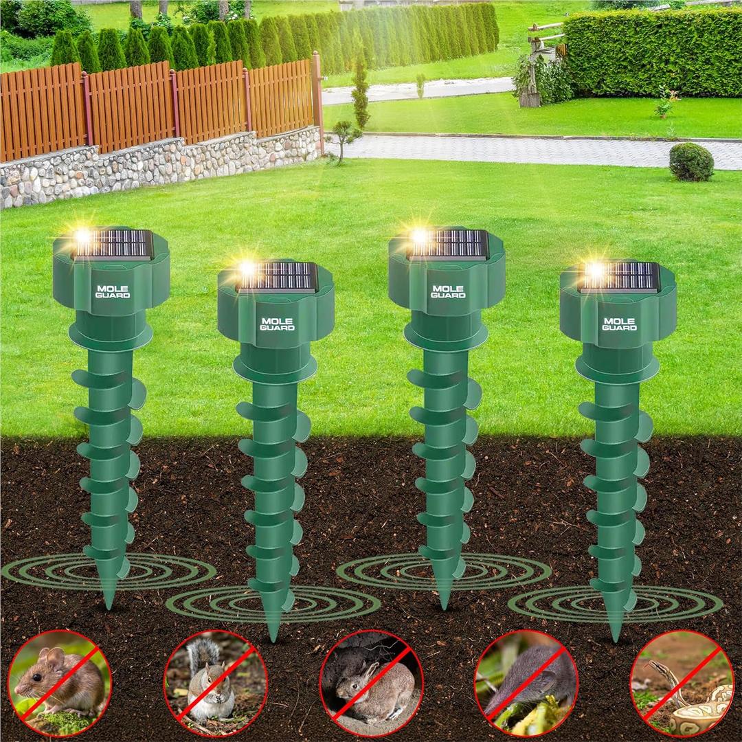 Mole Repellent Solar Powered Ultrasonic, Waterproof Solar Groundhog Repeller Snake & Gopher Deterrent, Spike to Get Rid of Burrowing Rodents, Vole Repellent, Pest Control for Lawn & Garden 4 Pack