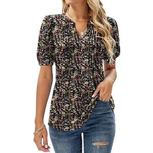 Micoson Womens V Neck Puff Short Sleeve Pleated T Shirts Fashion Summer Tops Casual Tunic Blouse, Medium 