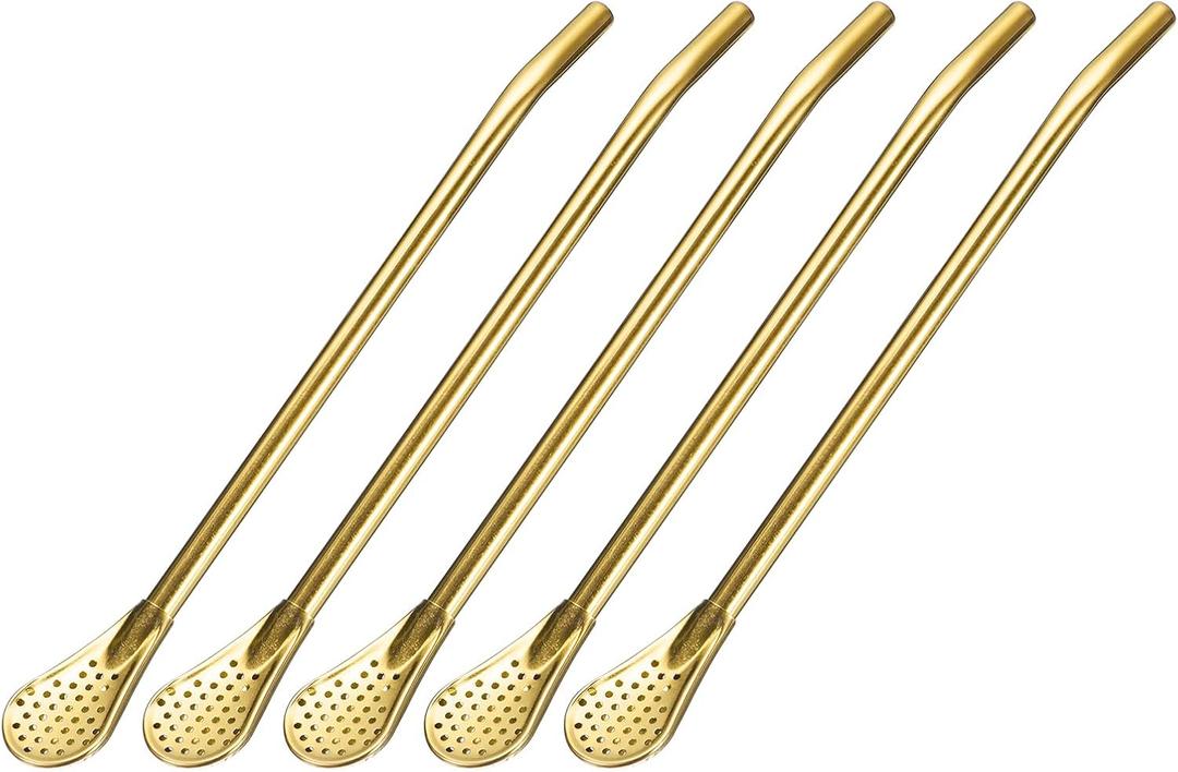 uxcell Stainless Steel Spoon Straws, 5Pcs 7.2" Reusable Metal Long Handle Straw Spoon with Filter Drinking Straws for Milkshake Drinks Cocktail, Gold