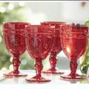 Red Vintage Wine Glasses Set of 4, 10 Ounces Colored Glass Water Goblets, Unique Floral Embossed Pattern High Clear Stemmed Glassware Wedding Party Bar Drinking Cups Fancy Glasses Hand Wash Only