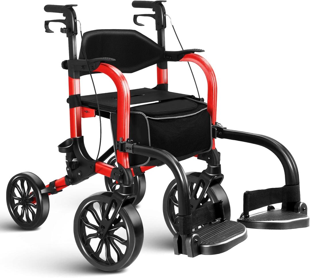 Foldable Rollator Walker with Seat for Seniors & Adults Lightweight 2-in-1 Walker and Wheelchair Combo Adjustable Handle Height Transport Chair with Brakes 300 Lbs Weight Capacity (Red Hd-all Terrain(10" Front and 8" Rear Wheels))