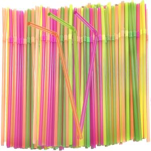 7 x 150PCS Disposable Plastic Drinking Straws - Flexible Straws Disposable Long Colorful PP Plastic Striped Assorted Colors for Home Use Milk Juice Drinks (Fluorescent Color)