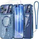 Meifigno Designed for iPhone 17 Pro Max Case 6.9", [Glitter Card & Wrist Strap] [Compatible with MagSafe] [2X HD Screen Protectors] Surround Raised Lens Protection for 17 ProMax Phone Case, Deep Blue