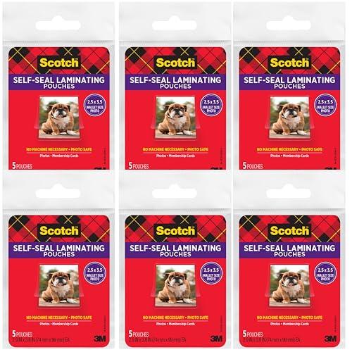 Scotch Self-Sealing Laminating Pouches, Gloss Finish, Wallet Size 2.5″ x 3.5″, 6 Packs of 5 (30 Total) – No Laminator Needed, Photo-Safe Clear Protective Sheets