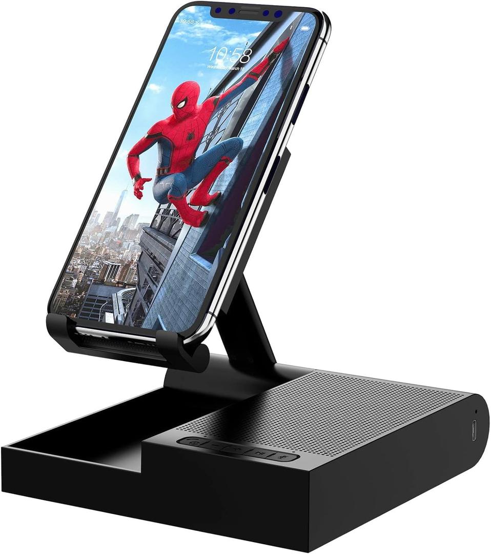 DOSS Cell Phone Stand with Bluetooth Speaker, 15W Wireless Charger and Anti-Slip Base,4-in-1 Function, 8H Playtime, Hands-Free, Adjustable Holder, Compatible with Tablet