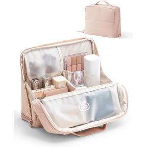 EACHY Standing Makeup Bag - Large Waterproof Cosmetic Bag & Toiletry Bag Organizer with Phone Holder, Detachable Dividers, Wipe-Clean Brush Pouch for Women