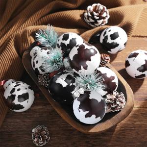 Syhood 12 Pcs Cowhide Printed Christmas Ball Ornaments 2.4 Inch Plastic Western Cow Ornaments Country Western Party Decorations Rustic Holiday Xmas Baubles for Tree Home Gift