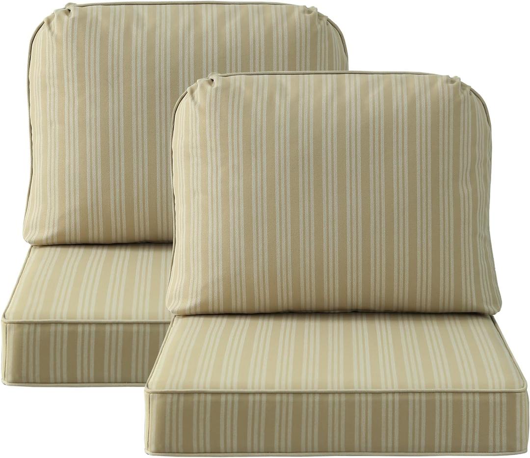 Outdoor Cushions for Patio Furniture Set of 2, 24"x24" Water Repellent Chair Cushions Removable Seat Bottom & Back Cushion Covers for Chair, Sofa, Couch, Beige Brown Stripe