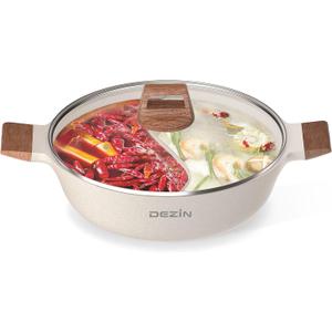 Dezin 5-QT Double-flavor Shabu Shabu Pot with Divider, Dual Sided Nonstick Hot Pot, 12 Inch Divided Stockpot for Cooking, Hotpot for Induction Cooktop, Gas Stove & Hot Burner, Soup Ladle Included