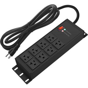 CCCEI Black Heavy Duty Power Strip Surge Protector 20 AMP, 8 Outlets 12 Gauge Industrial Shop Garage Metal Multiple Outlets, 20 FT Extension Cord 5-15P Adapter High Amp 6-20R T-Slot 20a for Appliance