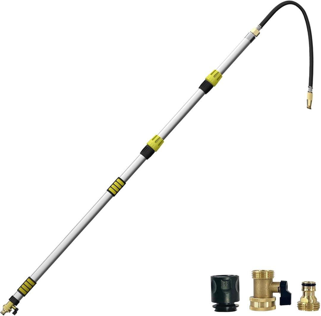12FT Gutter Cleaner Tools From Ground with 3/4" Brass Garden Hose Shut Off Valve, Bendable Flexible Water Wand for Garden Hose, Window