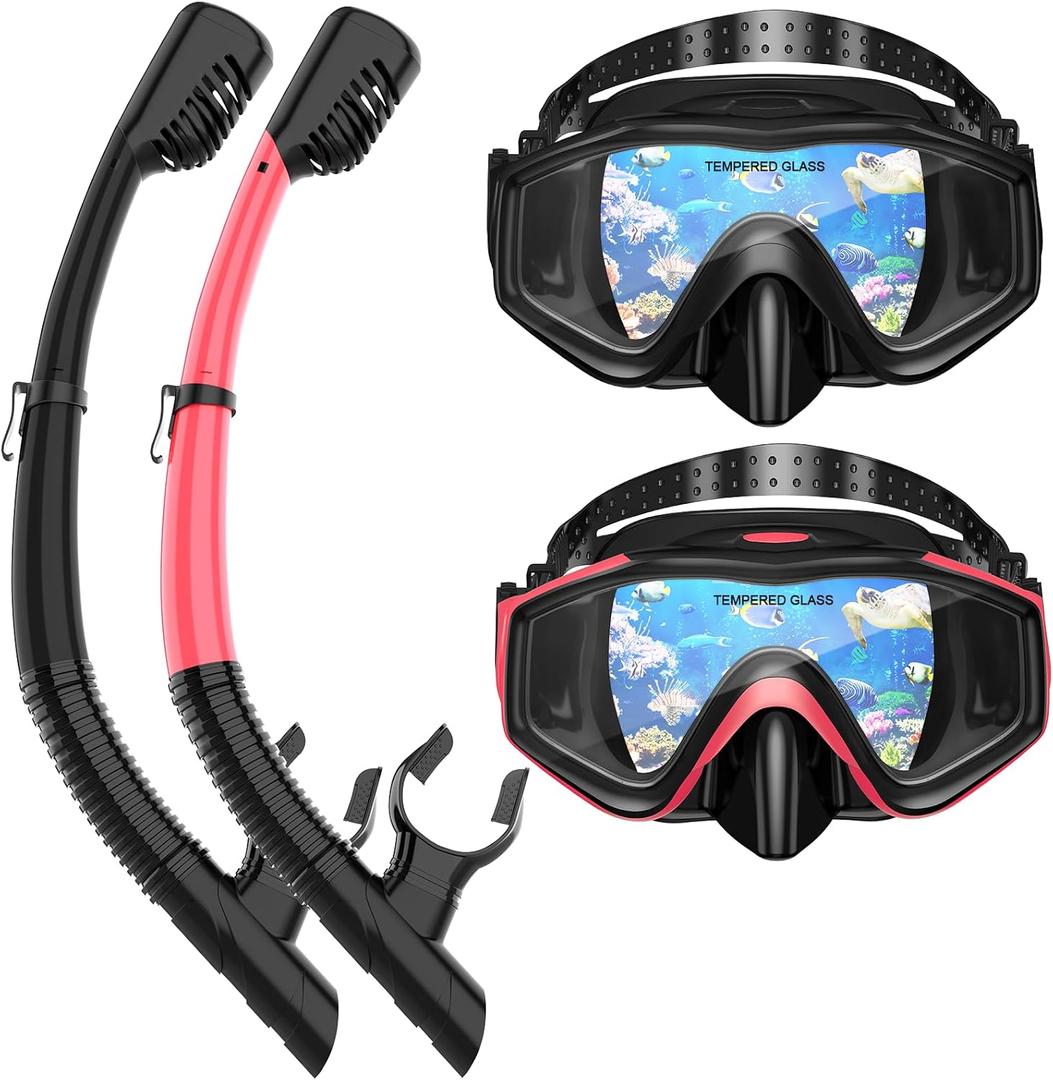 Snorkeling Gear for Adults, Dry Top Snorkel Mask Set 2 Pack Scuba Diving Mask Snorkel Gear Anti Fog Snorkeling Packages Tempered Glass Panoramic View Nose Cover (Black&Pink)