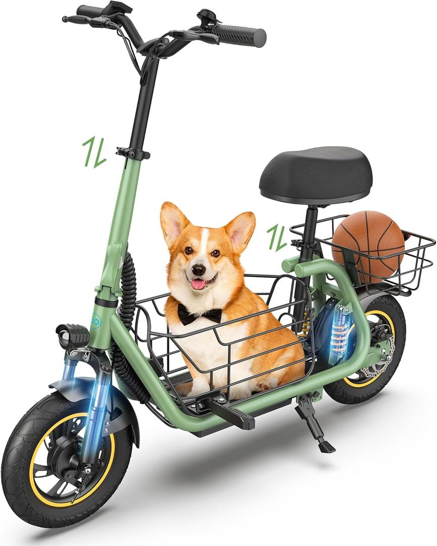 Urbanmax Upgraded Electric Scooter for Adults with Seat C1Pro, 19MPH & 25 Miles Range, 12" Pneumatic Tires, Dual Shock Absorbers, Dual Brakes, Removable Basket, UL2272 Certified  Green