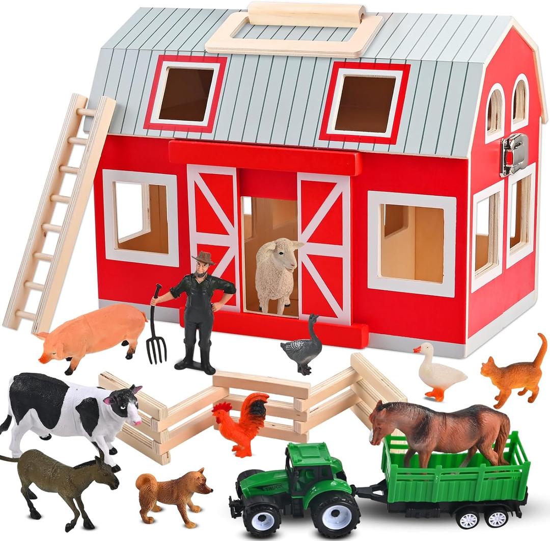 Wooden Barn Toys, Play Barn with 12 Animal Play Figures for 3+ Years Old, Toy Barn and Farm AnimalsWooden Barn Playset for Christmas Birthday Gift for Boys Girls
