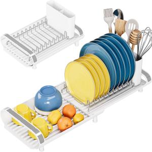 Small Dish Drying Rack, Mini Expandable Compact Dish Rack, Slim Extendable Stainless Steel Dish Drainer for Kitchen Plate Storage, Space Saving Dish Strainer in Sink or on Home Countertop, White