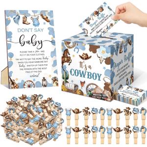 Cinnvoice 102 Pcs Diaper Raffle Tickets with Raffle Box Baby Shower Party Decorations Don't Say Baby Sign Clothespin for Gender Reveal Party Invitation Insert Card Theme Game(Blue,Cowboy)