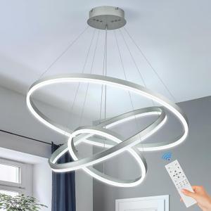 3-Rings Modern LED Chandelier Silver, Dimmable Pendant Lighting with Remote Control Circular Flush Mount High Ceiling Light for Living Room Dining Room Foyer, 3000K-6500K D31.5