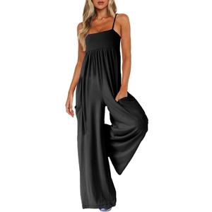 UNIANKIYA One Piece Jumpsuits for Women Spaghetti Strap Overalls Wide Leg Rompers with Pockets Summer Beach Vacation Casual Black Medium