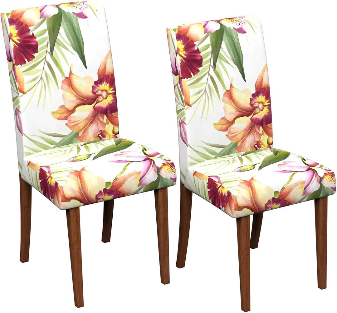 Stretch Dining Chair Covers Set of 2,Floral Print Chair Covers,Soft Removable Washable,Pet Friendly Furniture Protector,Universal Chair Slipcovers for Home, Kitchen,Ceremony Dining Room Seat (Whitephalaenopsis Orchids)