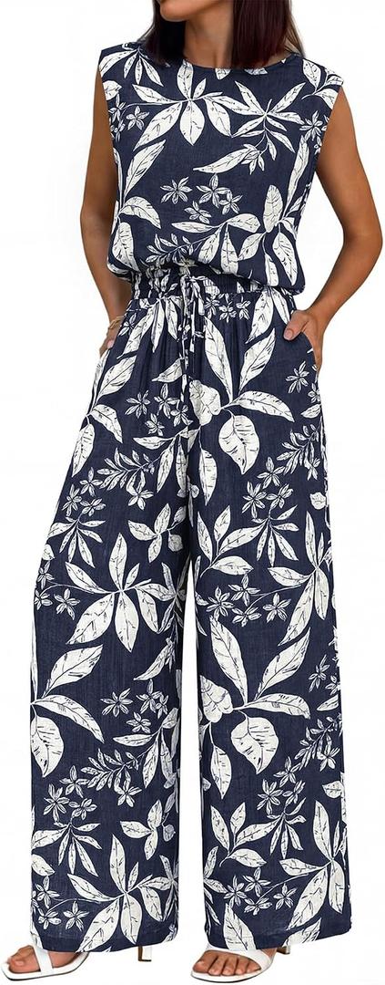 BTFBM Lounge Sets For Women Summer Sweatsuits 2 Piece Tracksuit Sleeveless Tops Wide Leg Pants Floral Vacation Outfits(Floral Navy,X-Large)