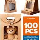 CYGYINT 100Pcs Brown Gift Bags with Clear Window 4.7''x2.4''x6.2'' Variety Stand Up Window Gift Bags with Handles for Candy, Cookies, Wedding Favors, Christmas Party, Retail Packaging