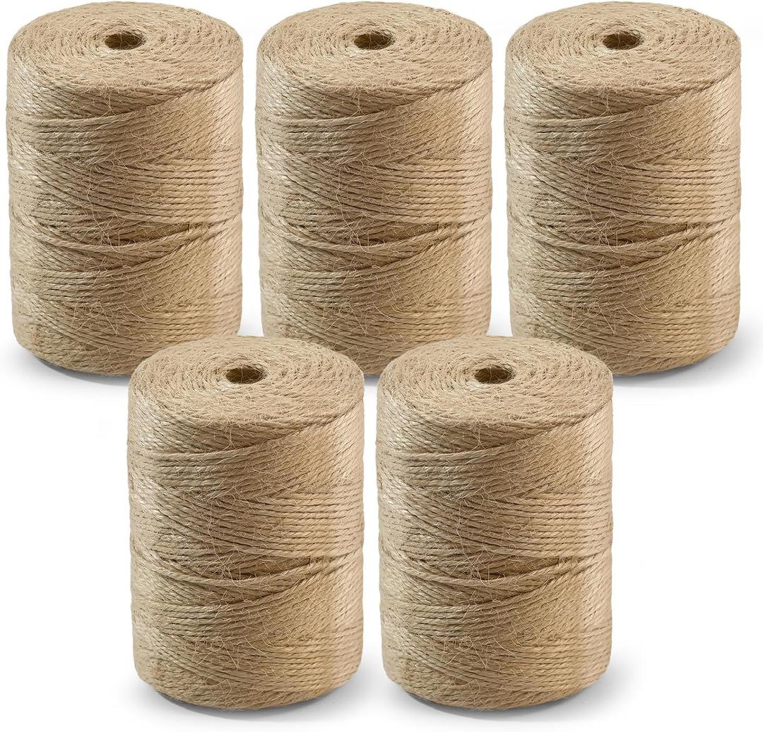 5 PCS Twine String Bulk - 3000 Feet Long Garden Twine, 2mm Thin Natural Jute Twine for Crafts, Garden Rope, Christmas Accessories Bulk, 600 Feet Each Roll (Brown)