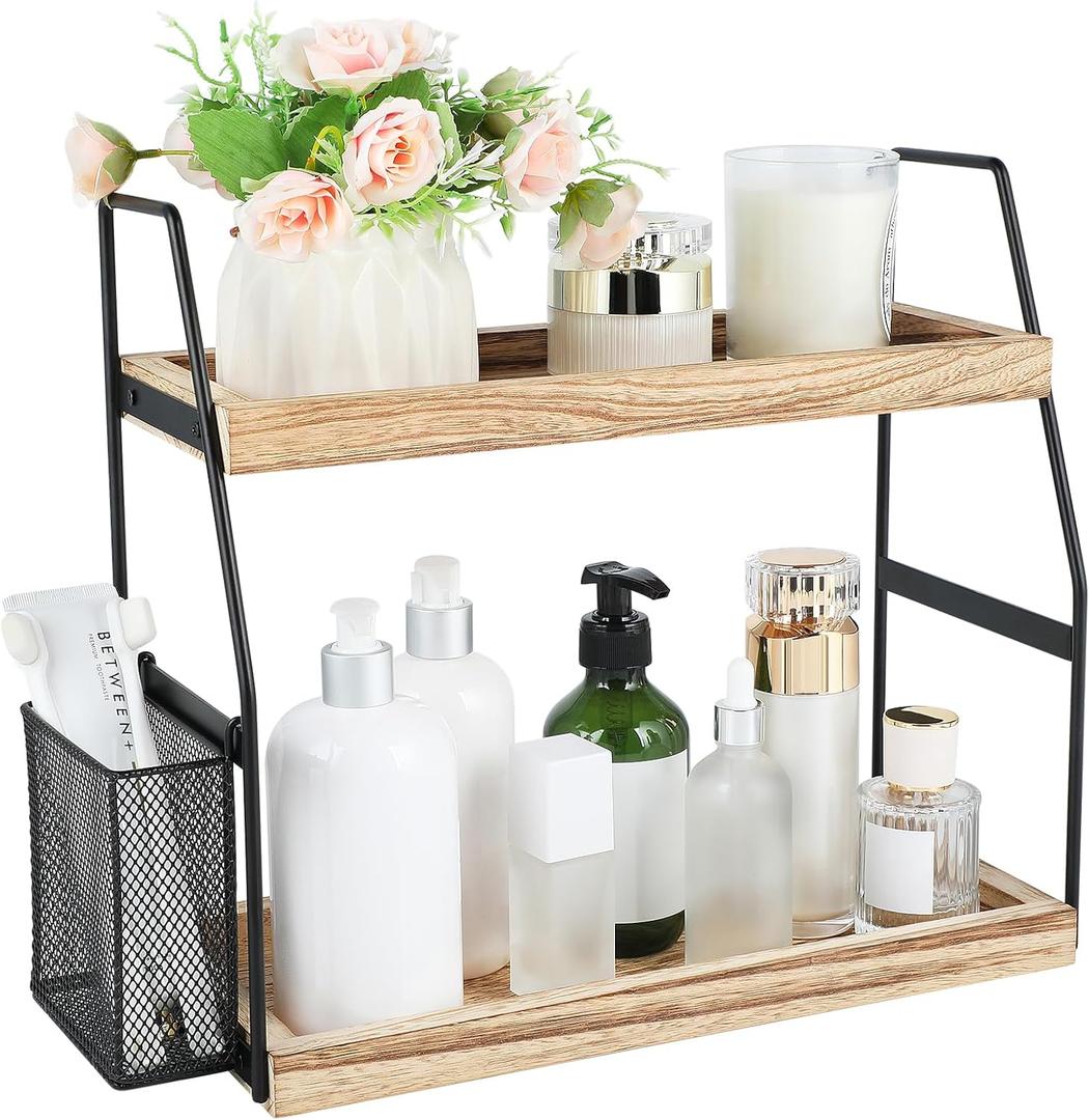 Bathroom Counter Organizer, 2-Tier Standing Storage Shelf with Basket, Wood Tray for Skincare Vanity Organizer, 14" x 6" x 13"