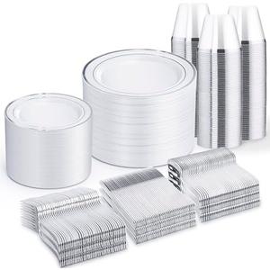 WELLIFE 600 PCS Silver Disposable Dinnerware Set for 100 Guests, Silver Plastic Plates for Party, 100 Each-Dinner & Salad Plates, Cups, Forks Knives Spoons for Wedding and Easter Events