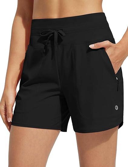 baleaf Women's 5" Swim Board Shorts High Waisted Quick Dry UPF 50+ Swimsuit Swimming Bottoms with Boxer Liner Zipper Pockets M Black