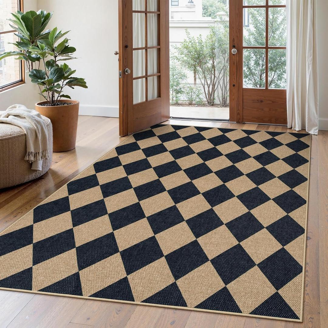 Lahome Checkered Easy Jute 5x7 Area Rugs, Washable Outdoor Patio Rug for Living Room Diamond Indoor Outdoor Carpet, Farmhouse Geometric Non Slip Black Carpet for Backyard Dining Room (Black/Checkerboard -2)