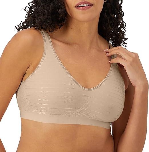 Bali Women's Wireless Bra, Comfort Revolution Seamless T-Shirt Bra, Moisture-Wicking, ComfortFlex Fit XL, Soft Taupe Stripe