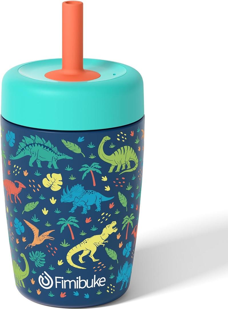 Fimibuke Kids & Toddler Cups Spill Proof, 12 OZ Insulated Sippy Cups for Toddlers Boys Girls, BPA-Free Toddler Straw Tumbler, Stainless Steel Kids Water Bottle with Twist Lids & Silicone Straw, 1 Pack (Dinosaur)