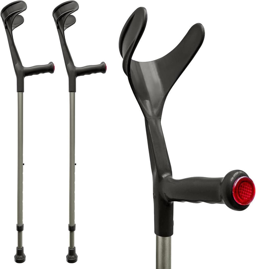 ORTONYX Forearm Crutches for Adults 1 Pair - Open Cuff - Handle with Light Reflector - Built-in Height Adjustment Clip - High Density Sturdy Aluminum - 308lb Max / AL01
