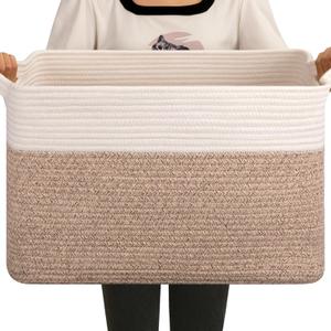 OIAHOMY Large Blanket Basket, 65L Cotton Rope Woven Laundry Basket, Toy Bin for Baby Room, Container for Blanket Storage in Living Room, 20''16''12'', Brown & White