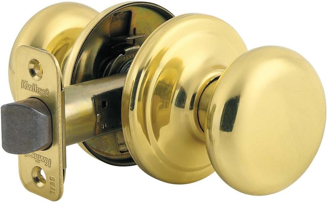 Kwikset Juno Interior Passage Door Knob, Handle For Closet and Hallway Doors, Non-Locking Doorknob in Polished Brass (1 Pack)
