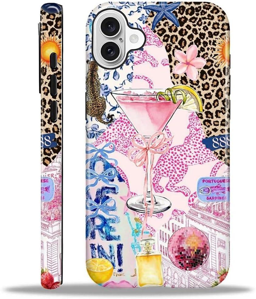 Compatible with iPhone 16 Case - Dual-Layer Protection, Hard Shell with Silicone Interior,Slim Scratch Resistant Shockproof for Woman Men - Leopard Print Wine Glass Collage