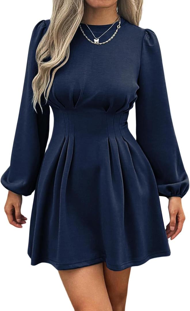 Evzeiem Work Dresses for Women 2026 Spring Business Casual Dress Long Puff Sleeve High Waist A Line Short Office Dress, Navy Blue M