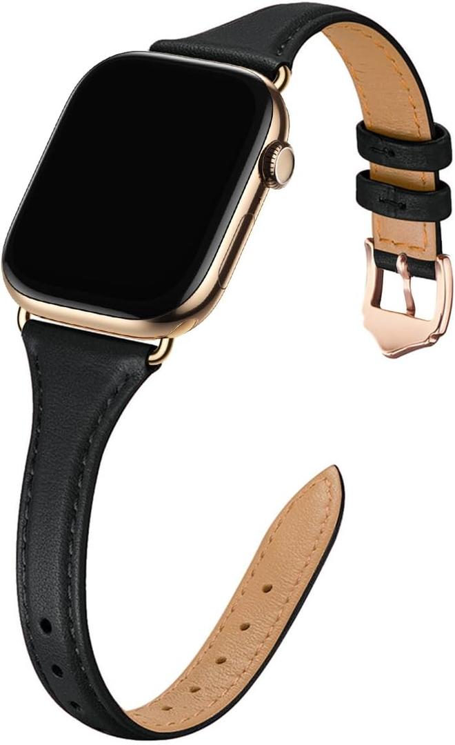 WFEAGL Compatible with Leather Apple Watch Band 41mm 40mm 38mm 42mm(series 11 10) Women, Top Grain Leather Strap Slim & Thin Replacement Wristband for iWatch Bands SE 3 2 1, Series 11 10 9 8 7 6 5 4 3 2 1 (Black/Gold)