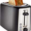 Amazon Basics 2 Slice Toaster, Extra Wide Slots for Bagels, 6 Browning Settings, Removable Crumb Tray, Defrost/Cancel/Bagel Buttons, Cord Wrap, 900W, Black & Silver