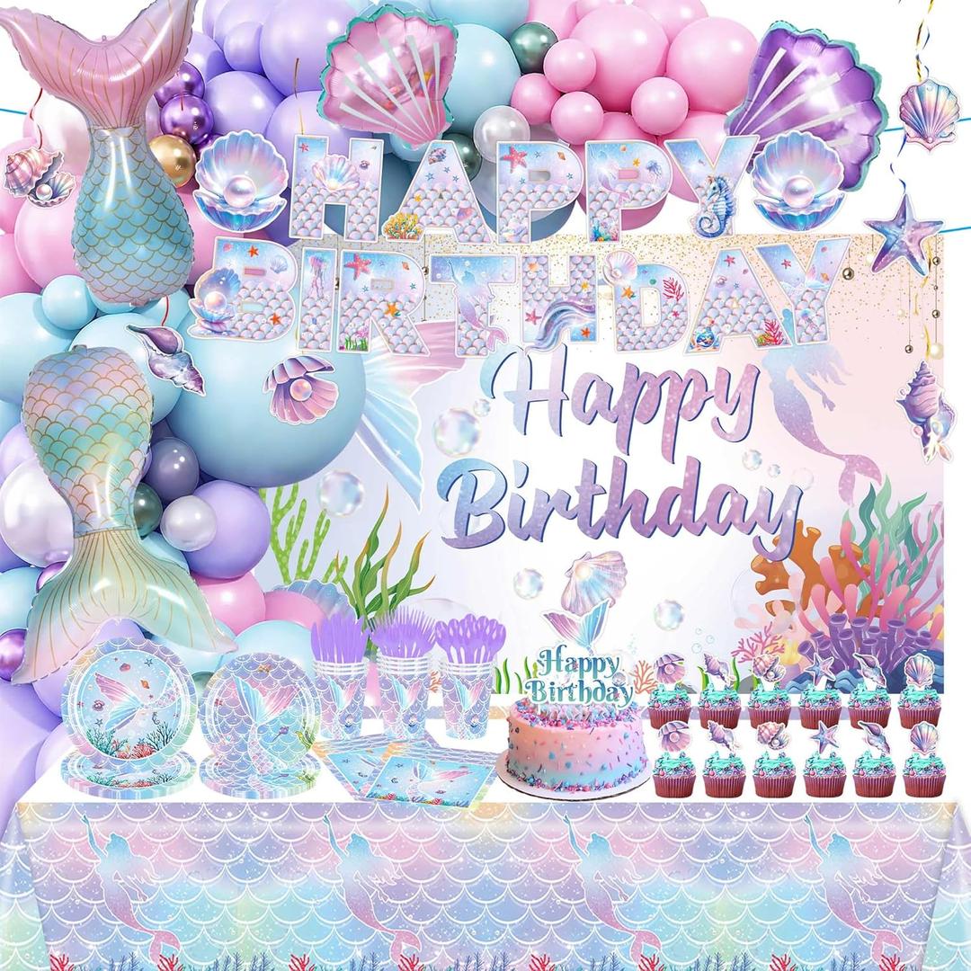 Mermaid Birthday Decorations, 213Pcs Mermaid Party Supplies Include Tablecloth, Plates, Napkins, Cups, Banner, Backdrop, Balloons, Hanging Swirls, Cake & Cupcake Toppers for Girls Birthday Party
