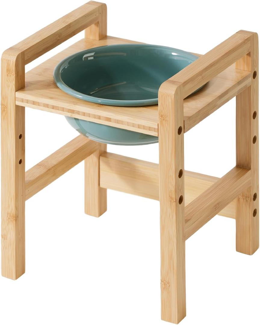 Ceramic Adjustable Raised Dog Bowl with Durable Non-Slip Bamboo Stand Elevated for Medium Dog Food and Water Bowl Dog Dish Pet Feeding Bowl (Single 6.9" Bowl, Dark Green)