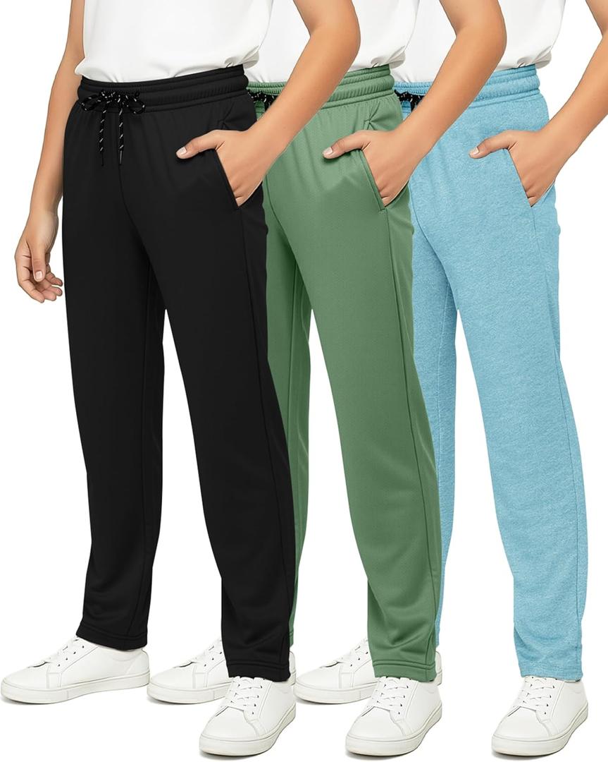 Real Essentials 3 Pack: Boys' Mesh Open Bottom Active Sweatpants with Pockets & Drawstring (Large, Set 10)