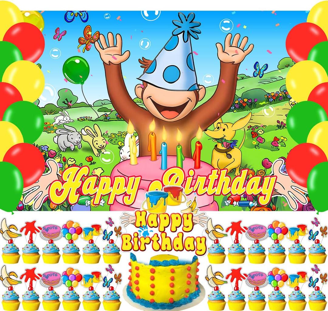 Cartoon George of Curious Birthday Party Decorations Banner Backdrop - Cartoon Monkey Themed Banner Party Supplies for Kids Fans, Happy Birthday Photography Background Wall Decor